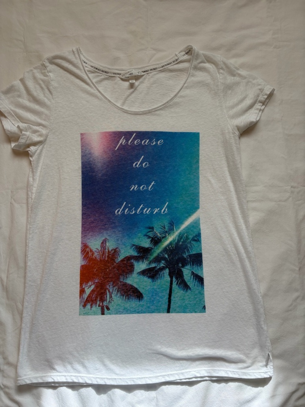 Victoria's Secret White Short-Sleeve Tee with Blue and Teal Palm Graphic